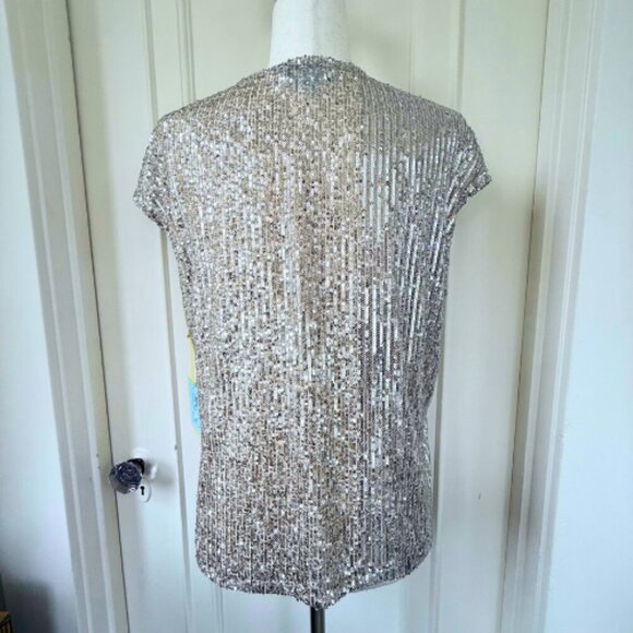 CECE Silver Sequin Cap Sleeve V-Neck Top Size M - Picture 7 of 12